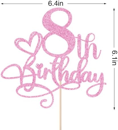 Happy 8th Birthday Cake Topper，Anniversary Party/Boy or Girl Eight Year Old Birthday Party Supplies Pink Glitter