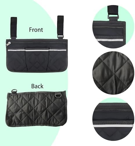 Wheelchair Side Bag with Reflective Stripe, Armrest Storage Pouch Organizer, Walker Accessory Pocket for Rollators Mobility Scooters, Black