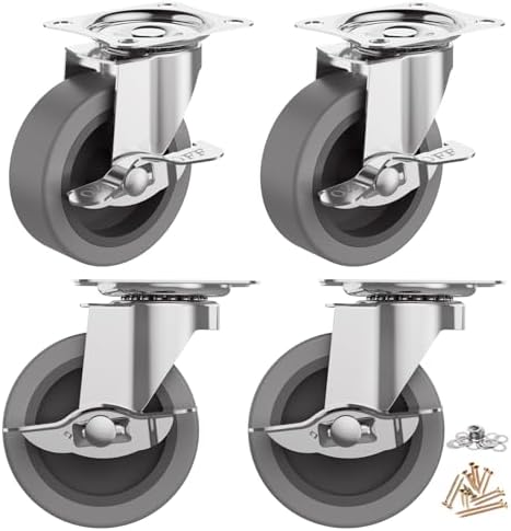 3 Inch Caster Wheels, Casters Set of 4, Heavy Duty Caster with Brake, Locking Castors with Rubber Wheel，Plate Swivel Caster Wheels for Furniture Cart and Workbench
