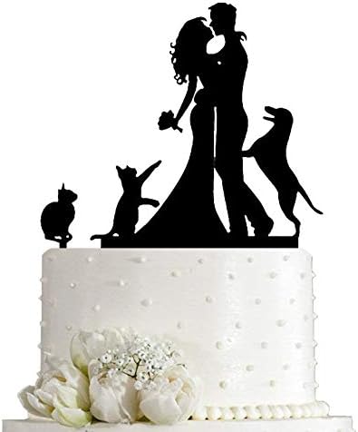 Kissing Bride and Groom with Cat and Dog Silhouette Wedding Acrylic Cake Topper (Black)