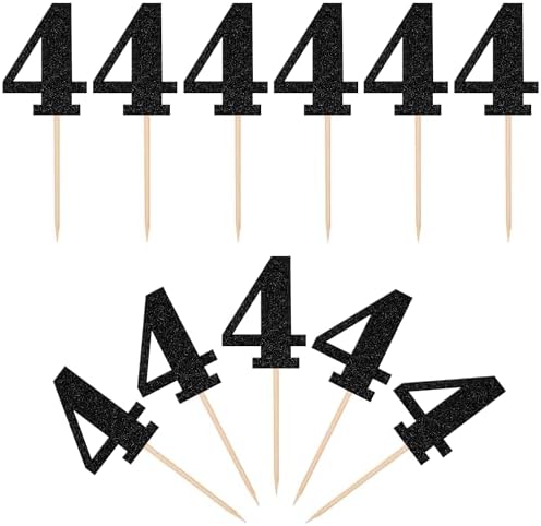 30 PCS 4th Birthday Cupcake Toppers Glitter Number 4 Cupcake Picks Age Four Cheers to 4 Years Old Cake Decorations for Baby Shower Kids Happy 4th Birthday Anniversary Party Supplies Black