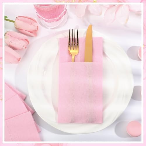 60 Pcs Pink Linen-Feel Paper Napkins with Built-in Flatware Pocket, Mother's Day Pocket Linen Napkin Prefolded Cloth Like Paper Napkins Bulk for Anniversay Wedding Baby Shower Birthday Bridal Party
