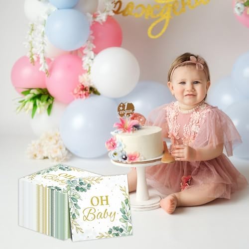 50pcs Eucalyptus Leaf Oh Baby Napkins Greenery Baby Shower Party Supplies Sage Green Luncheon Napkins Disposable Paper Napkins for Baby Shower Boys Girls Kids Table Decorations