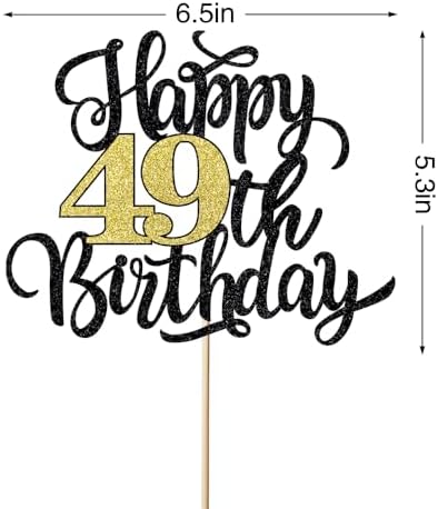 Happy 49th Birthday Cake Topper, Black Gold Glitter Birthday Cake Topper, 49th Anniversary/ 49th Birthday Party Decoration Supplies