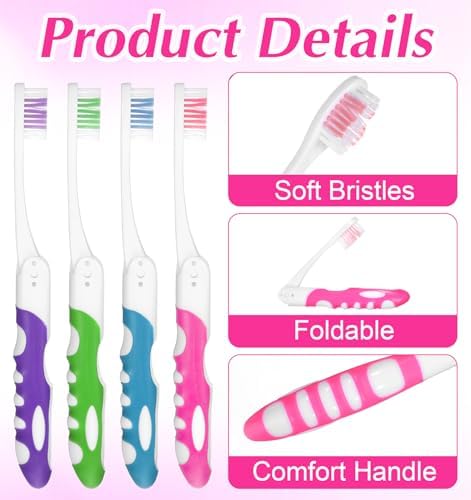 4 Pcs Travel Toothbrush, Foldable Toothbrush for Adults & Kids, Compact Folding Design with Soft Bristles, Portable for Camping, Hiking & On-the-Go (4 Colors)