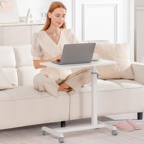 GTPLAYER Mobile Small Standing Desk, Sit Stand Portable Rolling Laptop Desk with Lockable Wheels, Adjustable Height Overbed Bedside Table Computer Workstations, White