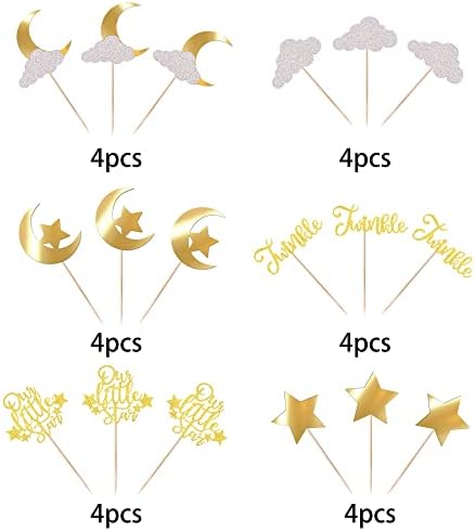 24 Pack Little Star Cupcake Toppers Glitter Moon Cloud Cupcake Picks Twinkle Star Baby Shower Kids Birthday Wedding Party Cake Decorations Supplies Gold