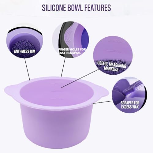 Silicone Wax pot Liner, Silicone Wax Bowl Warmer liner, Non-Stick Melt Pot Replacement, Reusable Melt Liner with 50 Pcs Waxing Sticks Body Hair Removal 14 oz Purple