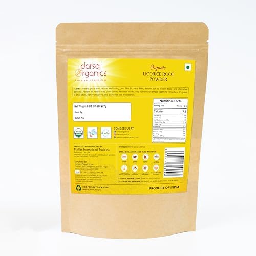 Darsa Organics Licorice Root Powder 8oz - USDA Organic Mulethi Powder (Glycyrrhiza Glabra) - Pure Licorice Root Herb for Tea, Baking and DIY Skincare - Non-GMO, Gluten-Free, Comes in Resealable Pouch