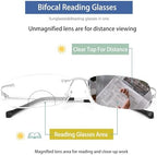 Rimless Bifocal Reading Glasses Transition Photochromic Sunglasses Blue Light Blocking Titanium Readers Man Woman UV
