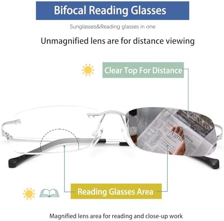 Rimless Bifocal Reading Glasses Transition Photochromic Sunglasses Blue Light Blocking Titanium Readers Man Woman UV