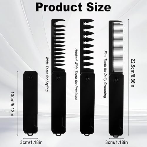 Tyqour Protable Pocket Comb for Men, 3 In 1 Folding Comb, Fine Tooth and Wide Tooth Small Combs for Everyday Grooming, Combing Hair, Beards and Mustaches (Black, Plastic)
