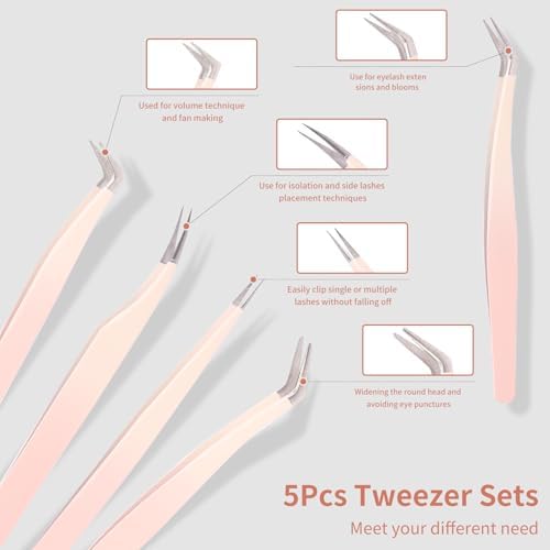 5 Pcs Lash Extension Tweezers, Lash Tweezers for Eyelash Extension, Straight and Curved Eyelash Tweezers, For Professional Eyelash Extension Artists, Girls, Women, Beginners