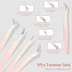5 Pcs Lash Extension Tweezers, Lash Tweezers for Eyelash Extension, Straight and Curved Eyelash Tweezers, For Professional Eyelash Extension Artists, Girls, Women, Beginners