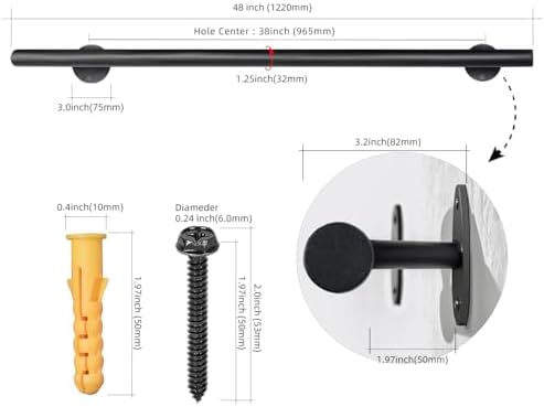 4 FT Black Metal Hand Rails for Indoor Stairs - 48 Inch Wall Mounted Safety Grab Bars Staircase Handrail - Outdoor Stair Railing for Garage Porch Steps, Banister Rails