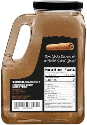 Spicy World Cinnamon Powder 5 LB Jar - Lab Tested for Lead - Ground Cassia Cinnamon Bulk, Great Authentic Spice for Coffee, Tea, Baking & Oatmeal, Rich Flavor & Aroma