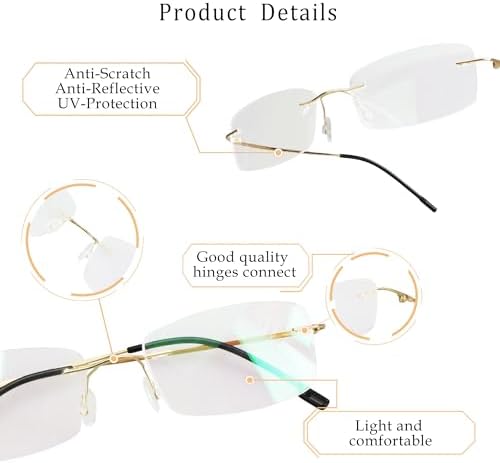 LifeArt Blue Light Blocking Computer Reading Glasses,Men's and Women's Rimless Frame (Golden, +1.50 Magnification)