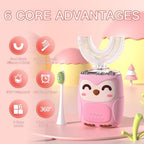 Kids Electric U Shaped Toothbrush Kids Sonic Toothbrush with 4 Soft Brush Head Automatic Full Mouth 6 Cleaning Mode-(Age8-15 Pink)