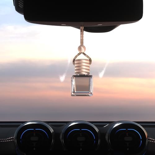 5PCS Hanging Car Air Freshener, Auto Interior Decoration 8 ml Oil Diffuser Perfume Aromatherapy Pendant Empty Glass Bottle, Fragrance Ornament with Vent Clip Wooden Cap and Rope (Square)