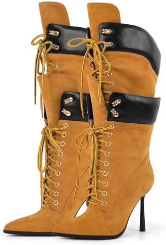 Richealnana Women's Double Lace Pointed Toe Stilettos Straps Up Strappy Knee High Boots