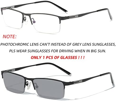 laureles Photochromic Reading Glasses for Men Business Square Metal Half Frame Sun Photochromic Lens Readers (Black, 2.5, multiplier_x)