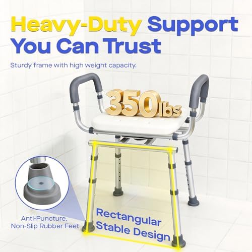 360° Swivel Shower Chair with Arms, Heavy-Duty Shower Stool for Inside Shower Stall and Tub, Safety Height Adjustable Shower Seat for Elderly and Disabled