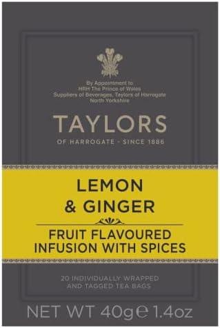 Taylors of Harrogate Lemon & Ginger,Herbal Tea,Individually Wrapped Bags,Cleansing,Invigorating and Citrussy,Caffeine-Free,Enjoy Hot or Iced,20 Count (Pack of 2)