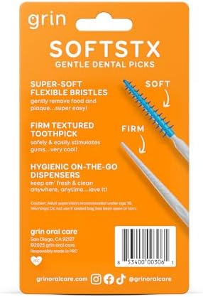 GRIN Softstx, Gentle Dental Picks, 90 Count, Soft Flexible Bristles, Textured Plaque Removing Toothpick, Minty Flavor, for Between Teeth, Refillable Hygienic Case, for Braces, Bridges, and Implants