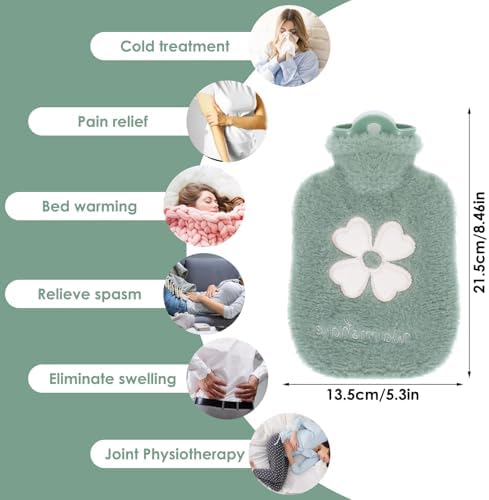 500ml Hot Water Bottle, 2-in-1 Small Hot Water Bottle with Cover Warm Water Bag with Soft Premium Faux Fur Cover Water Bag for Cold & Hot Compress Mini Hot-Water Bag for Women Men (Green)