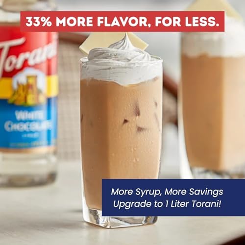 Torani White Chocolate Syrup 1 Liter Bottle with Pump – Premium Coffee Flavoring with Natural Ingredients for Lattes, Mochas, Desserts, Cocktails & Baking – Café-Style Sweetener for Home Baristas