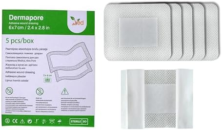 VED Dermapore Adhesive Wound Dressing- Suitable for cuts and grazes, Diabetic Leg ulcers, venous Leg ulcers, Small Pressure sores- Medium, 6 x 7cm (Pack of 5)., Green