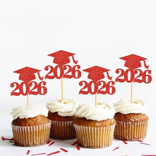 Ercadio 36 Pack 2026 Graduation Cap Cupcake Toppers Glitter Red Class of 2026 Grad Cap Cupake Picks Decorations for 2026 Doctor Graduate Celebration Theme Party Supplies
