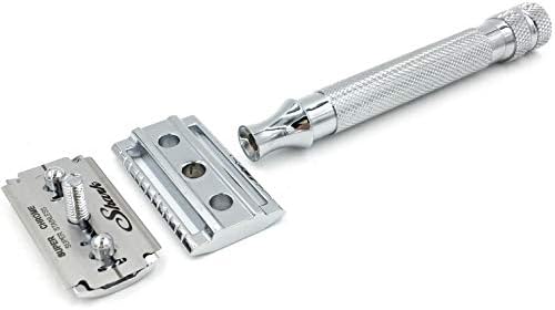 Parker 91R Heavyweight Long Handle Safety Razor – Classic 3-Piece Double Edge Razor for Smooth, Close Shaves – Brass Frame with Textured Chrome Finish – Compatible with All DE Razor Blades