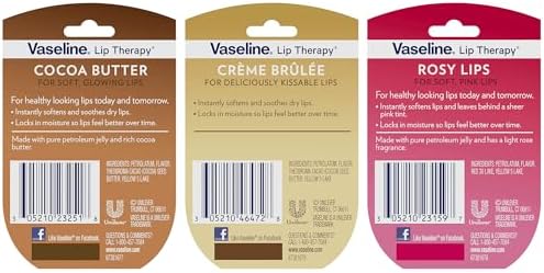 Vaseline Lip Therapy Variety 3-Pack – Crème Brûlée, Rosy Lips, Cocoa Butter Mini Lip Balms for Soft, Glowing, and Deliciously Kissable Lips, 0.25 Oz Ea