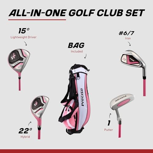 Precise X7 Kids Golf Clubs Set – Boys’ & Girls’ Junior Golf Set with Lightweight Graphite Shafts, Hybrid, Putter & Stand Bag