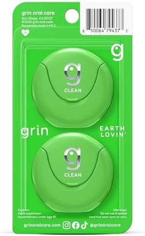 GRIN Clean Dental Floss – 2 Pack (87.4 Yards Total) | Super Strong Floss | Minty | Shred-Resistant | Compact Dispenser Made with Recycled Plastic