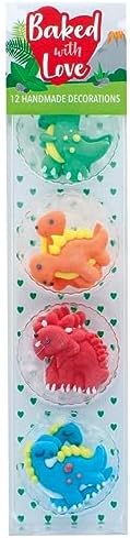 Baked with Love Dinosaur Cupcake Decorations, Bright and Colourful Handmade Edible Sugar Pipings For Cakes - Pack of 12 (0650132)