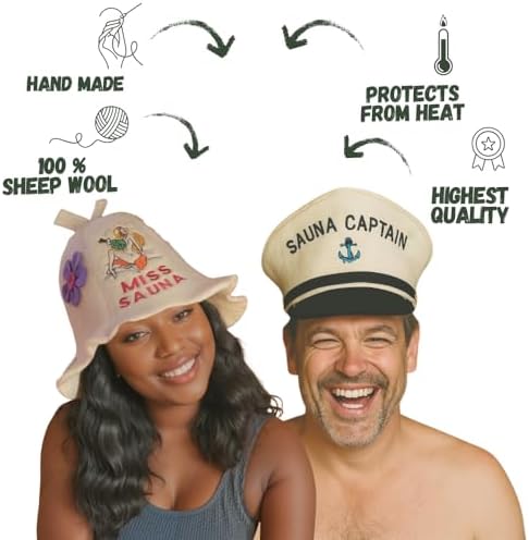 Sauna Hat 'Captain and Miss Sauna' White - 100% Organic Wool Felt Hats for Russian Banya - Protect Your Head from Heat - English Sauna eBook Guide Included - with Embroidery
