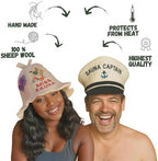 Sauna Hat 'Captain and Miss Sauna' White - 100% Organic Wool Felt Hats for Russian Banya - Protect Your Head from Heat - English Sauna eBook Guide Included - with Embroidery