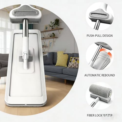 360 Hands-Free Self Wringing Floor Cleaning Mop, Flat Mop - Microfiber with 6 x Washable Pads, Hand Washing Free for Hardwood and Window, White