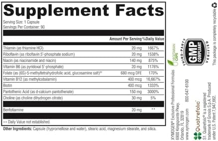 XYMOGEN B Activ Vitamin B Complex with Benfotiamine, Methylfolate, Biotin, Vitamin B6 & B12 (Methylcobalamin b12) - Energy Supplements for Adrenal & Mood Support (90 Capsules)