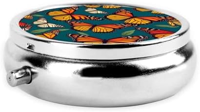 ZhongGuo Monarch Butterflies Printed Pill Organizer,Round Travel Pill Organizer Mini Medicine Pill Box for Purse Iron Plating