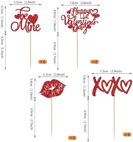 24 Pack Happy Valentine's Day Cupcake Toppers Glitter Be Mine Love Valentine's Day Cupcake Picks Lip Love You Valentine's Day Theme Wedding Birthday Party Cake Decorations Supplies Red