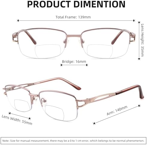 2 Pack Metal Bifocal Reading Glasses for Women Designed Lady Bi-focal Readers Half Frame Fixed Hinge Clear 0 Top