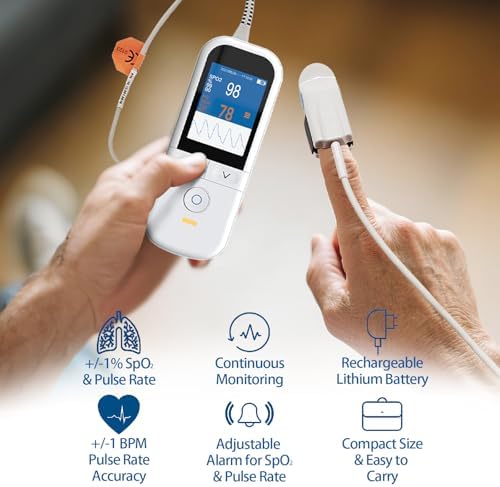 Medical Grade Pulse Oximeter for Adults - Continuous Monitoring, Adjustable SpO2 & Pulse Alarms, Rechargeable Handheld Oximeter Profesional Oximetro, Data Traceability, Instant Alarm