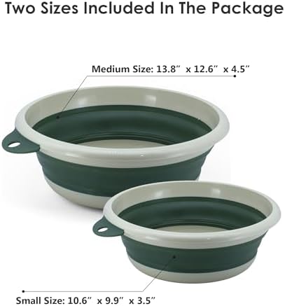 Collapsible Wash Basin Set (2 Pack) - Round Portable Foldable Plastic Basins for Laundry, Travel, Camping - Small & Medium Sizes (Dark Green)