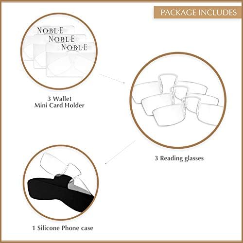 Noble Small Reading Glasses (3 Pack) - Rimless Readers with 3 Wallet Credit Card Holders and 1 Cell Phone Case - Pocket Magnifying Cheaters for Men and Women (+1.25)