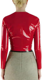 Women Glossy PVC Front Zip Blouse Wide Lapel Wetlook Office Long Sleeve Top