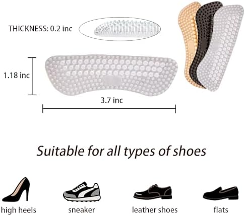6 Pairs Silicone Heel Pads & Grips for Shoes - Anti Slip Heel Protectors with Bump Design,Transparent Black Nude, Sticky Adhesive Backing, Universal Fit for Heels Sneakers Boots (Thickness：0.2in)