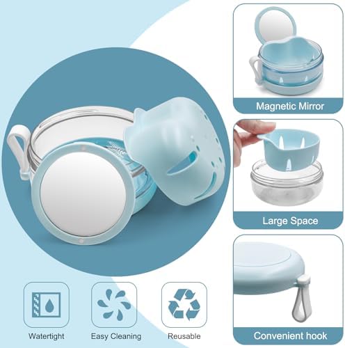 Denture Case & Cup, Travel Retainer Case with Mirror, No-Leak False Teeth Cleaning Container: Full & Partial Dentures Soaking, Denture Bath Holder for Mouth Guards, Braces, Aligners (Blue)